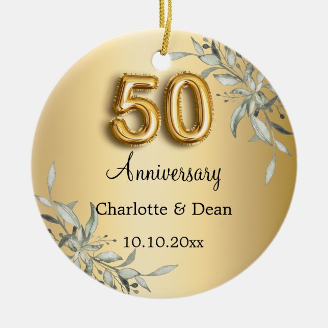 50th wedding anniversary gold greenery ceramic tree decoration (Front)