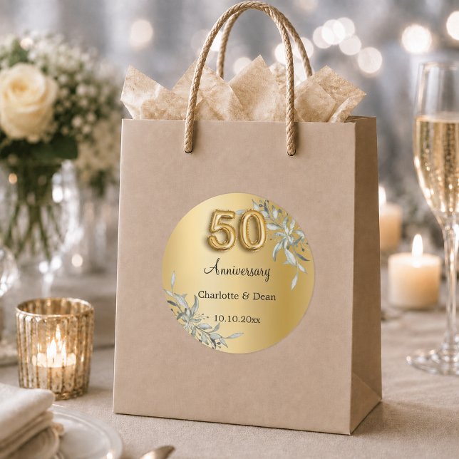 50th wedding anniversary gold greenery classic round sticker (Creator Uploaded)