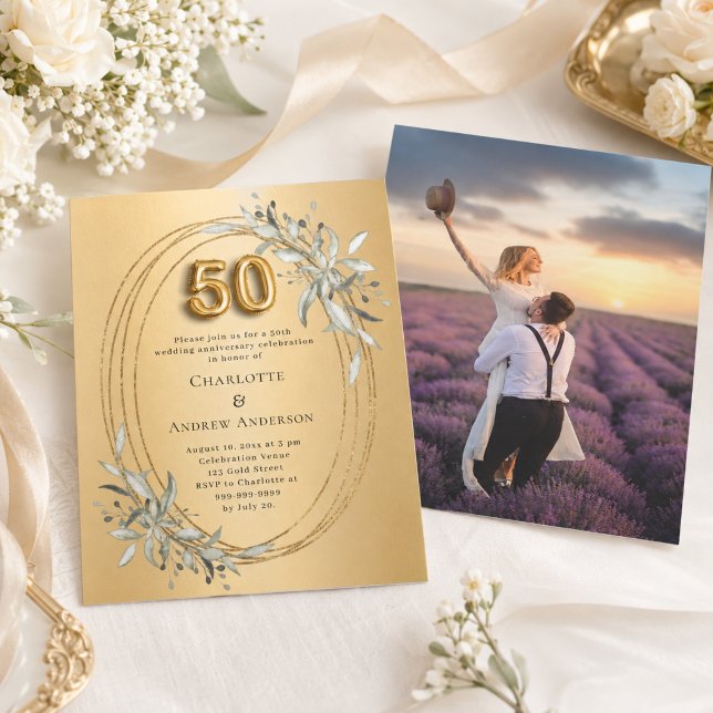50th wedding anniversary gold greenery invitation (Creator Uploaded)