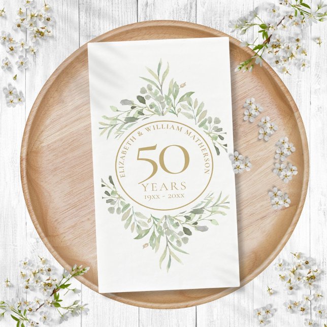 50th Wedding Anniversary Gold Greenery Leaves Napkin (50th Wedding Anniversary Gold Greenery Leaves Paper Guest Towels)