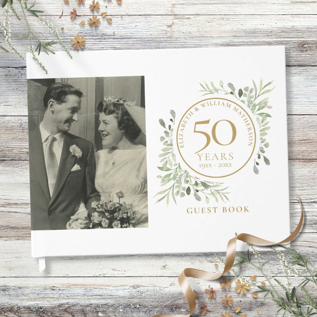 50th Wedding Anniversary Gold Greenery Photo Guest Book (50th Wedding Anniversary Gold Greenery Photo Guest Book)