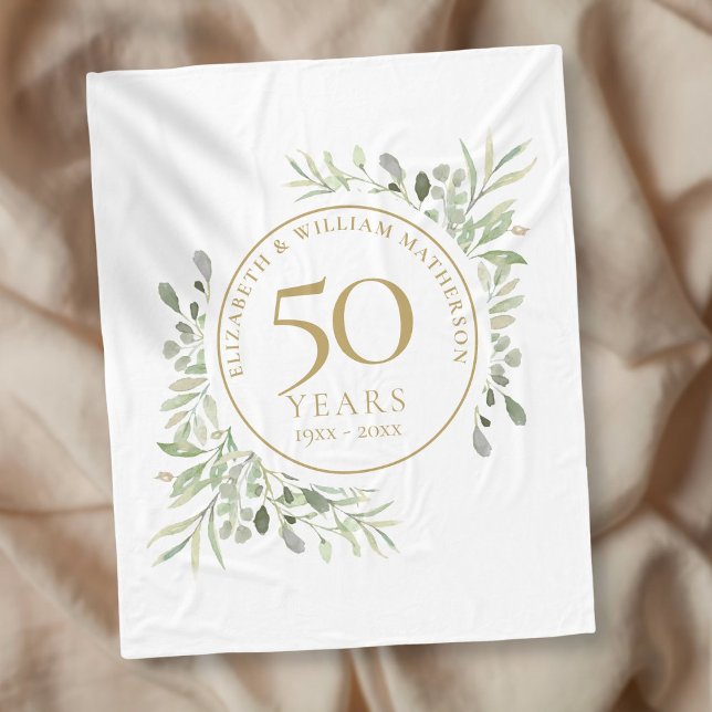 50th Wedding Anniversary Gold Greenery Watercolor Fleece Blanket (Creator Uploaded)