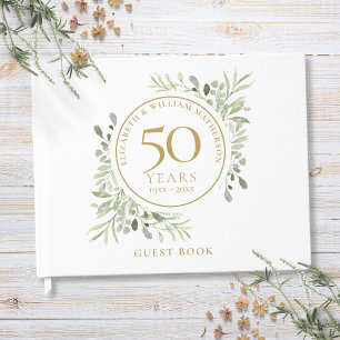 50th Wedding Anniversary Gold Greenery Watercolor Guest Book
