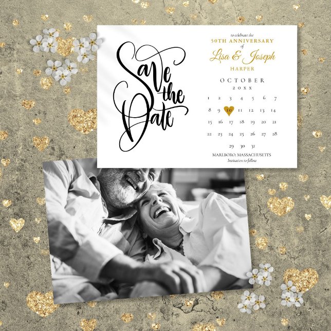 50th Wedding Anniversary Gold Heart Calendar Photo Save The Date (50th Wedding Anniversary Gold Heart Calendar Photo Save The Date)
