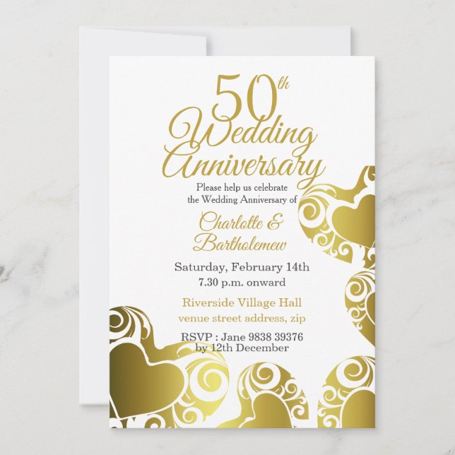 50th Wedding Anniversary Gold Heart Invitation (Front)