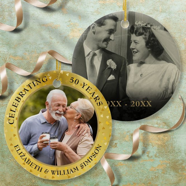 50th Wedding Anniversary Gold Hearts 2 Photo Ceramic Tree Decoration (50th Wedding Anniversary Gold Hearts 2 Photo Ceramic Ornament)