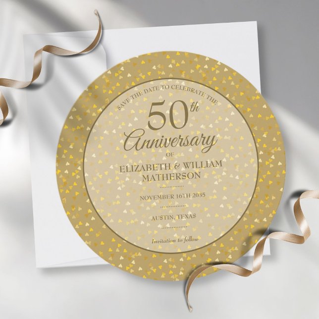 50th Wedding Anniversary Gold Hearts Circular Save The Date (Creator Uploaded)