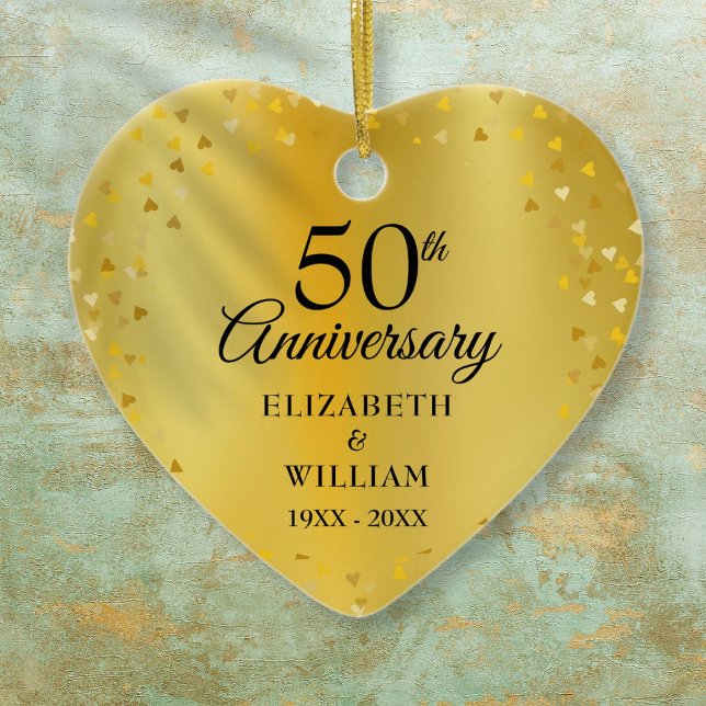 50th Wedding Anniversary Gold Hearts Confetti Ceramic Tree Decoration (50th Wedding Anniversary Gold Hearts Confetti Ceramic Ornament)
