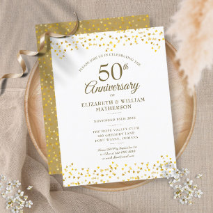50th Wedding Anniversary Gold Hearts Confetti  Invitation Postcard