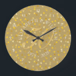 50th Wedding Anniversary Gold Hearts Confetti Large Clock<br><div class="desc">50TH WEDDING ANNIVERSARY GOLD HEARTS CONFETTI CLOCK. Personalised with your names in white with a faux gold drop shadow and a beautiful script "50" (or a monogram initial),  on a delicate gold hearts confetti background. Designed by Pure Piglet© at www.zazzle.com/purepiglet*.</div>