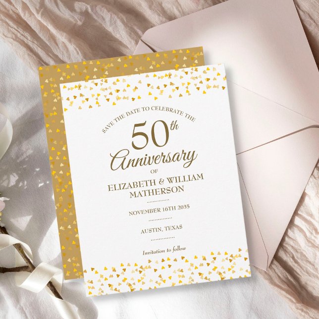 50th Wedding Anniversary Gold Hearts Confetti Save The Date (Creator Uploaded)