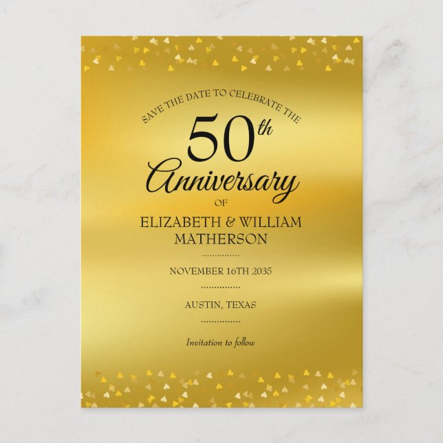 50th Wedding Anniversary Gold Hearts Save the Date Announcement Postcard (Front)