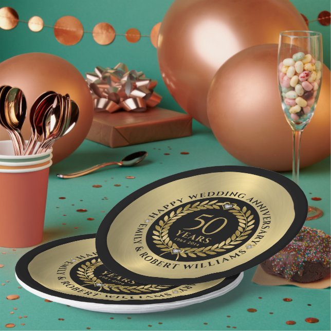 50th wedding anniversary Gold laurel wreath Dinner Paper Plate (Multi)