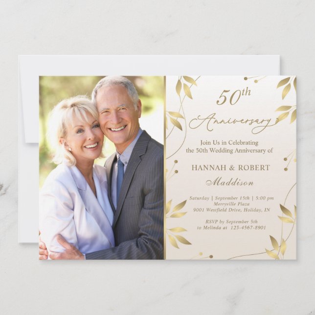 50th Wedding Anniversary Gold Leaves Invitation (Front)