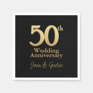 50th Wedding Anniversary Gold Lettering Black Napkin