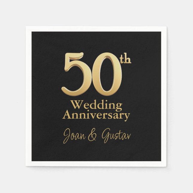 50th Wedding Anniversary | Gold Lettering | Black Napkin (Front)