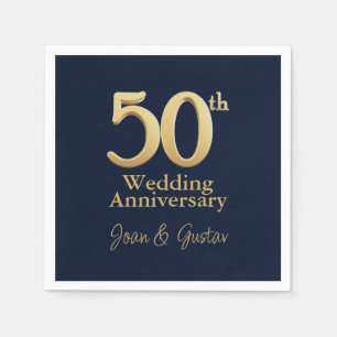 50th Wedding Anniversary Gold Lettering Blue Napkin