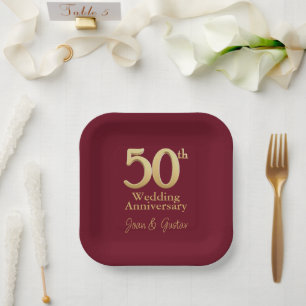 50th Wedding Anniversary   Gold Lettering Burgundy Paper Plate