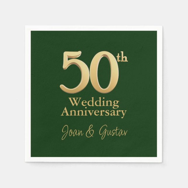 50th Wedding Anniversary | Gold Lettering | Green Napkin (Front)