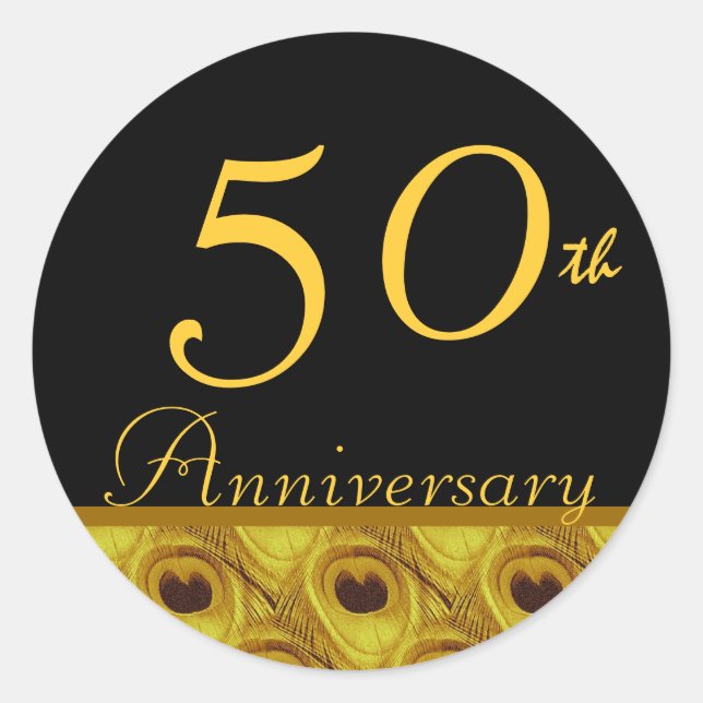 50th Wedding Anniversary Gold Peacock Feathers Classic Round Sticker (Front)
