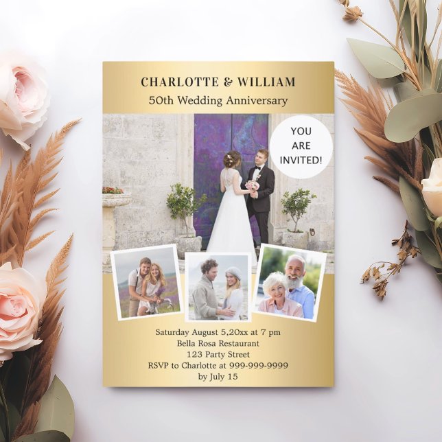 50th wedding anniversary gold photo collage invitation (Creator Uploaded)