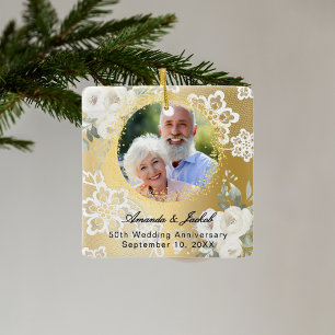 50th Wedding Anniversary gold photo florals  Ceramic Ornament