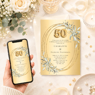 50th wedding anniversary gold photo greenery invitation