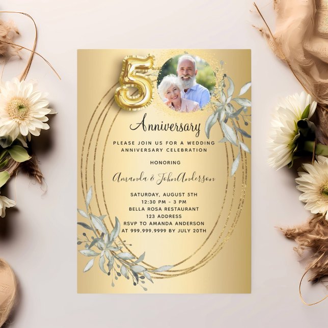 50th wedding anniversary gold photo greenery invitation (Creator Uploaded)