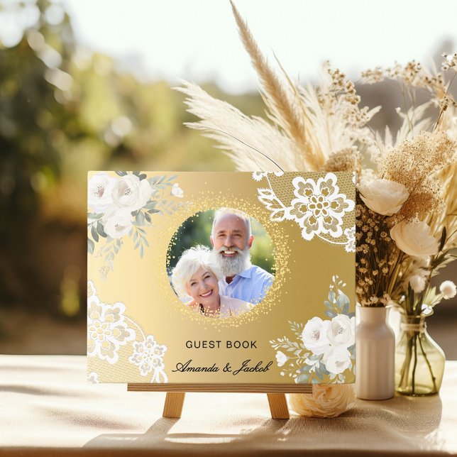 50th Wedding Anniversary gold photo lace floral Guest Book (Creator Uploaded)