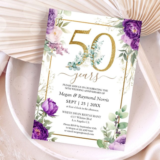 50th Wedding Anniversary Gold Purple Peony Invitation (Creator Uploaded)