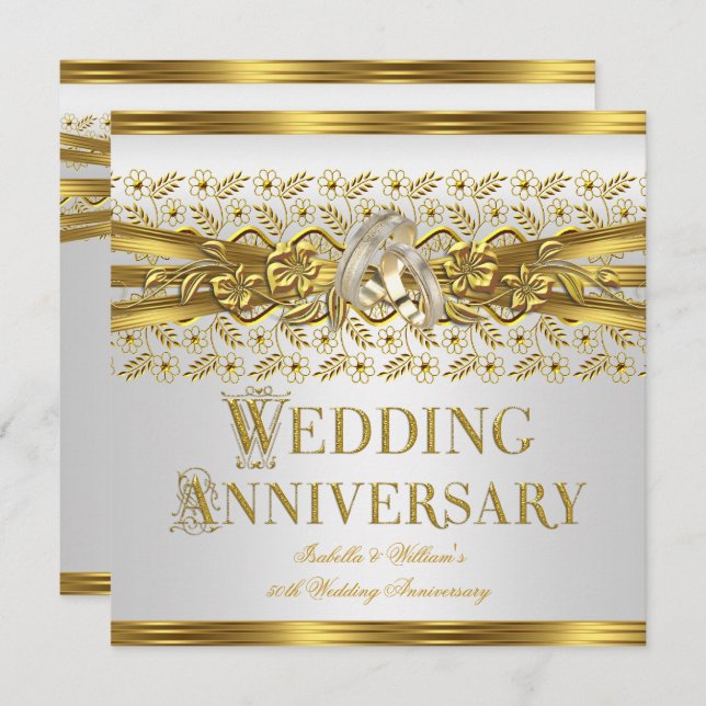 50th Wedding Anniversary Gold Rings Floral White Invitation (Front/Back)
