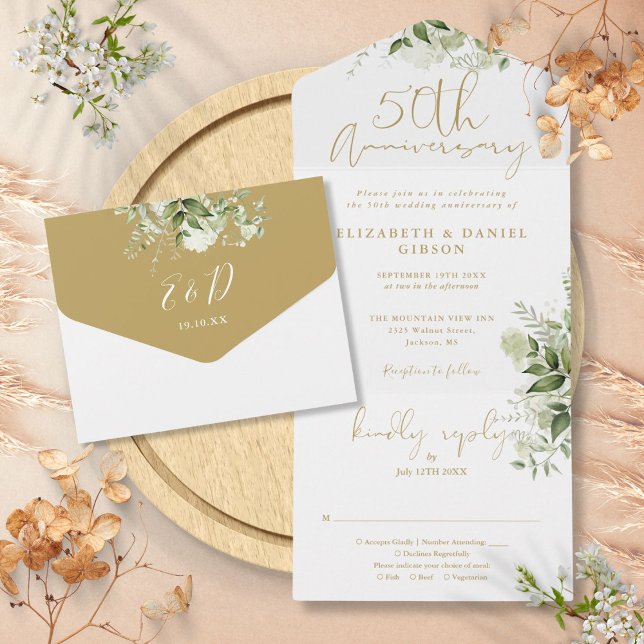 50th Wedding Anniversary Gold Script Floral All In One Invitation (50th Wedding Anniversary Gold Script Floral All In One Invitation)