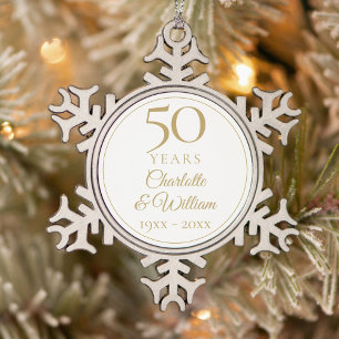 50th Wedding Anniversary Gold Script Snowflake Pewter Christmas Ornament