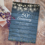 50th Wedding Anniversary Gold String Lights Rustic Invitation<br><div class="desc">Featuring delicate gold dust confetti and string lights on a blue rustic wood panels background. Personalise with your special fifty years golden anniversary information in modern script typography. Designed by Thisisnotme©</div>