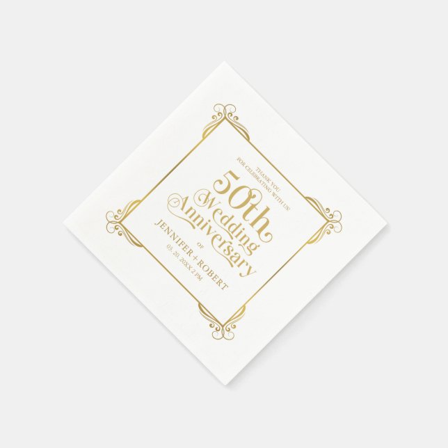 50th Wedding Anniversary Gold Typography Frame Napkin (Corner)