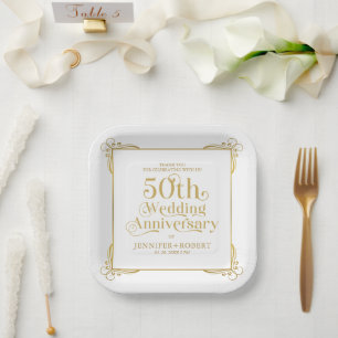 50th Wedding Anniversary Gold Typography Frame Paper Plate