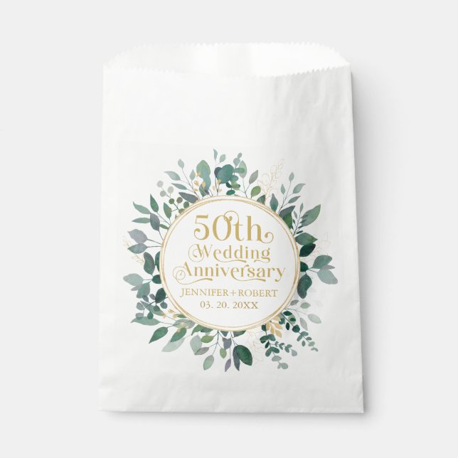 50th Wedding Anniversary Gold Typography  Greenery Favour Bags (Front)