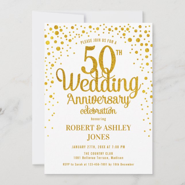 50th Wedding Anniversary - Gold & White Invitation (Front)