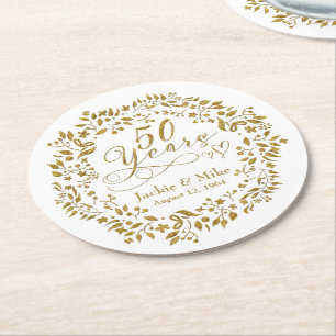 50th Wedding Anniversary Gold White Round Paper Coaster