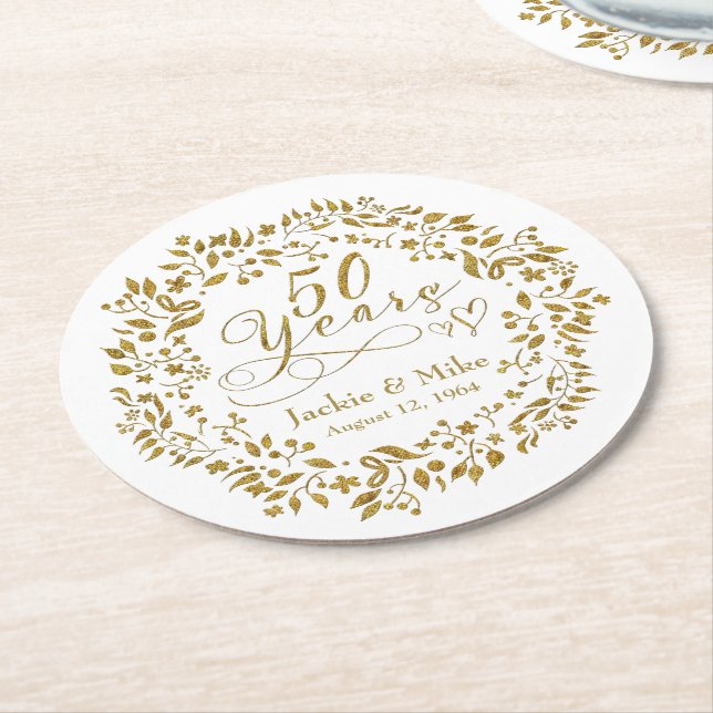 50th Wedding Anniversary Gold White Round Paper Coaster (Angled)