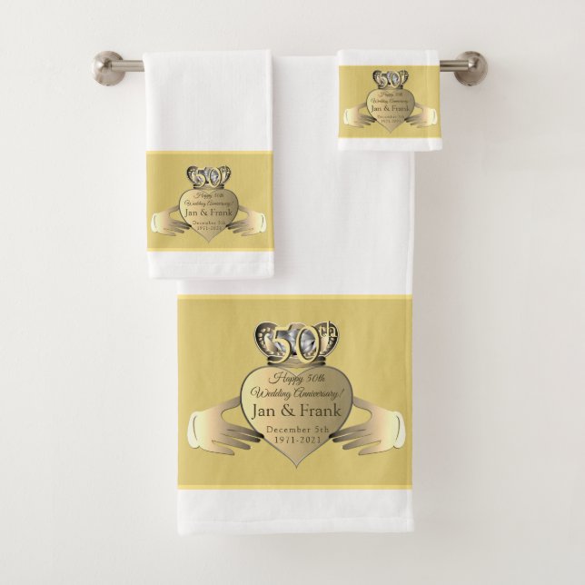 50th Wedding Anniversary Golden Claddaugh   Bath Towel Set (Insitu)