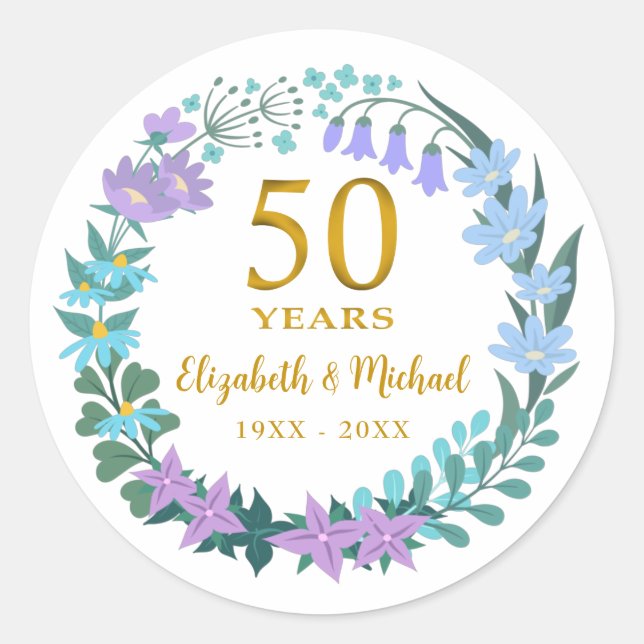50th Wedding Anniversary Golden Floral Bluebells Classic Round Sticker (Front)