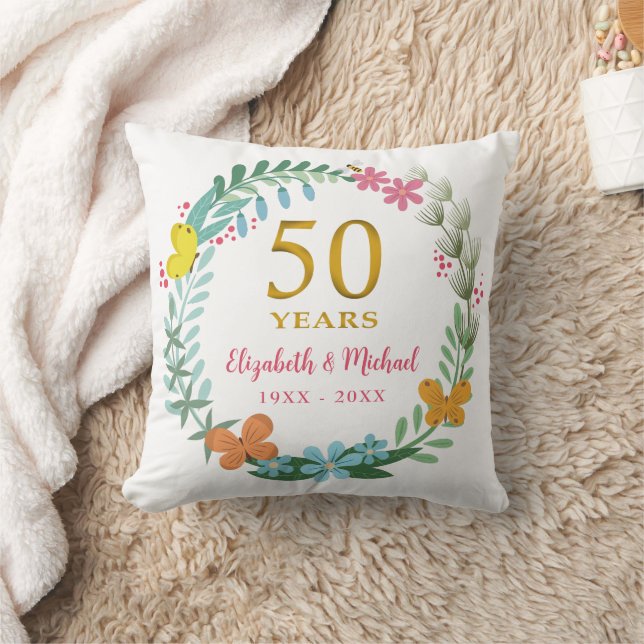 50th Wedding Anniversary Golden Floral Butterfly Cushion (Blanket)