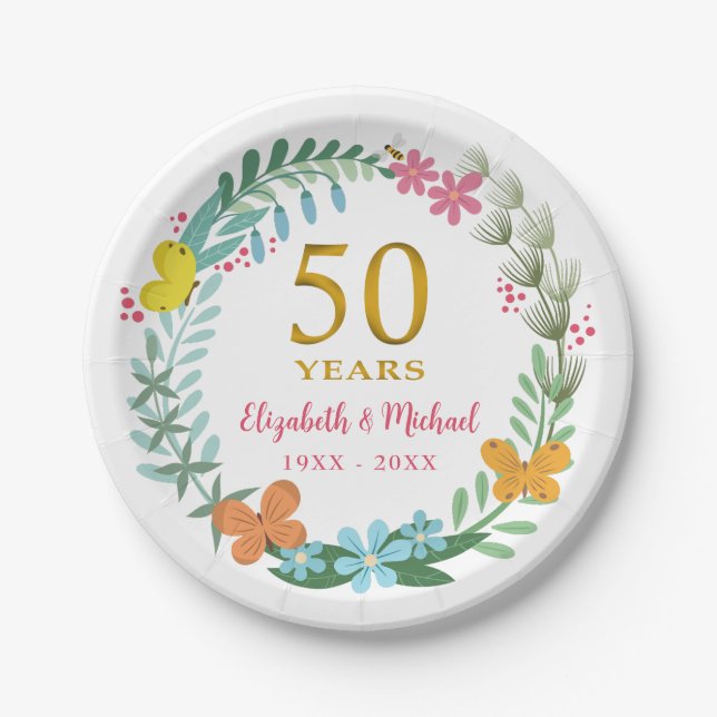 50th Wedding Anniversary Golden Floral Butterfly Paper Plate (Front)