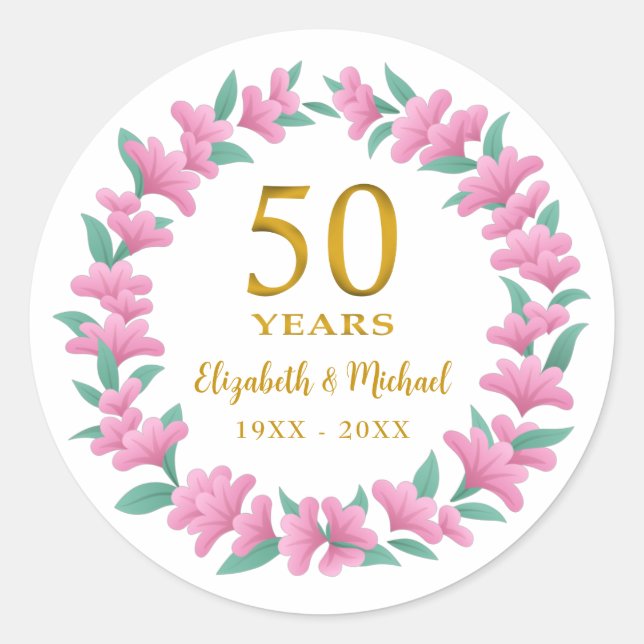 50th Wedding Anniversary Golden Floral Pink Wreath Classic Round Sticker (Front)