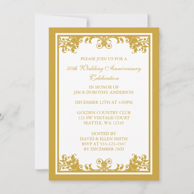 50th Wedding Anniversary Golden Flourish Scroll Invitation (Front)