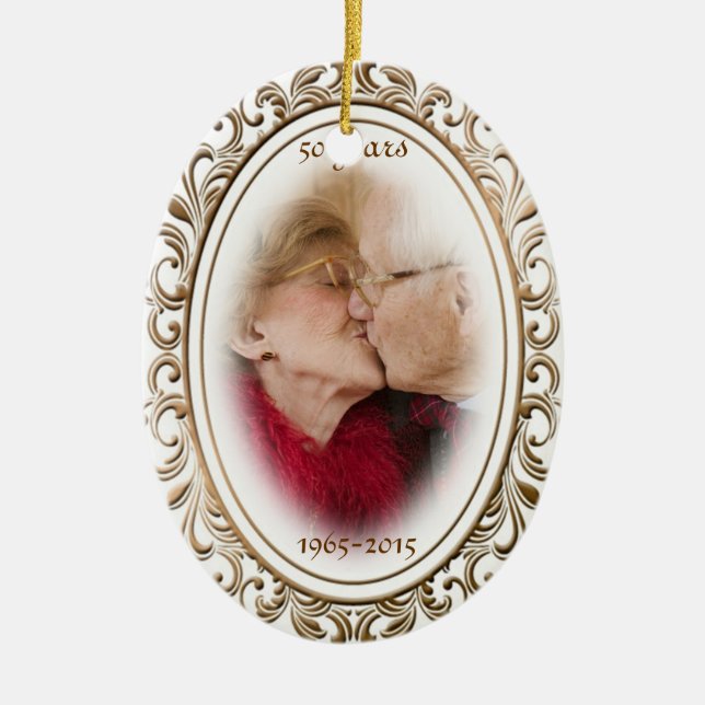 50th Wedding Anniversary Golden Frame Custom Photo Ceramic Tree Decoration (Front)