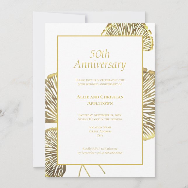 50th Wedding Anniversary Golden Gingko Biloba Leaf Invitation (Front)