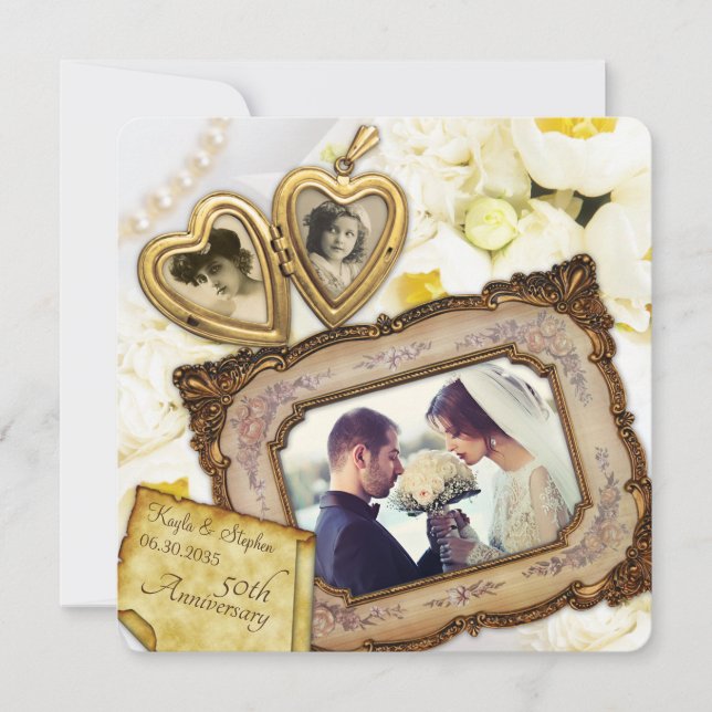 50th Wedding Anniversary Golden Heart Locket Frame Invitation (Front)