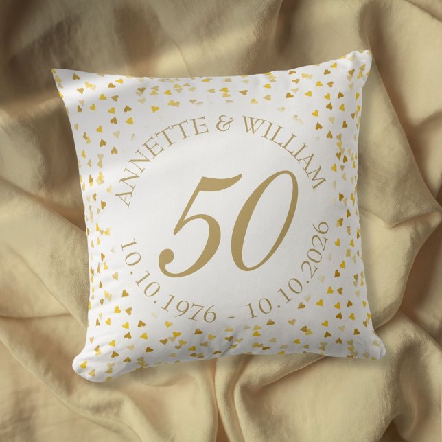 50th Wedding Anniversary Golden Hearts Confetti Cushion (50th Wedding Anniversary Golden Hearts Confetti Throw Pillow)